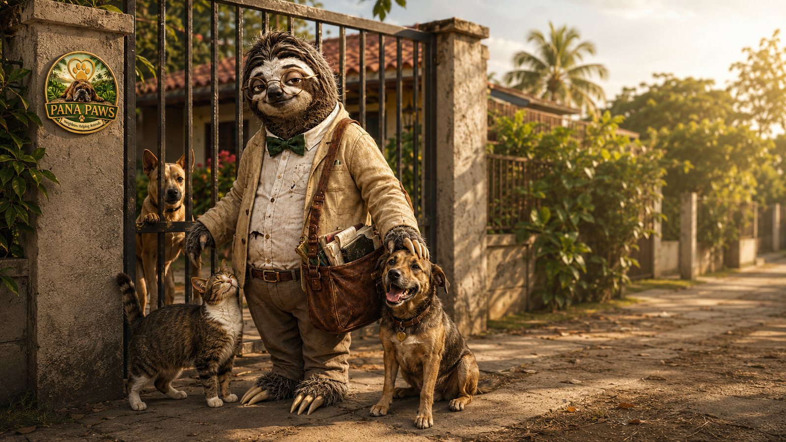 Profesor Eusebio con un perro y un gato frente a un portón